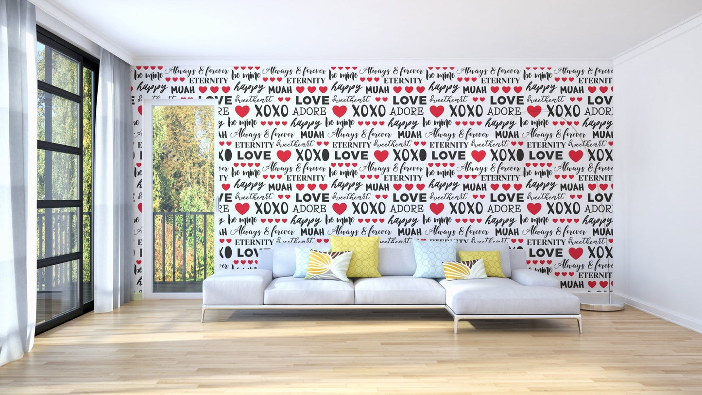Artistic love typography wallpaper mural with black script details.