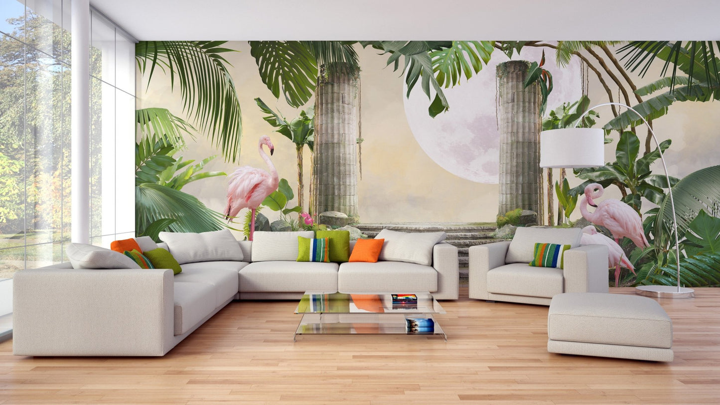 Tropical flamingo wall mural in a modern living room with a white sectional sofa.