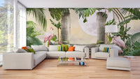 Tropical flamingo wall mural in a modern living room with a white sectional sofa.