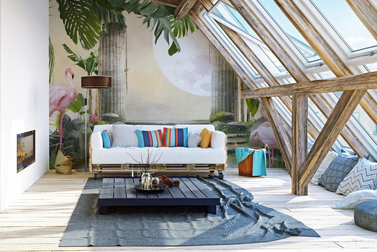 Palm leaf and lunar wall mural in a bright attic living room with skylight windows.