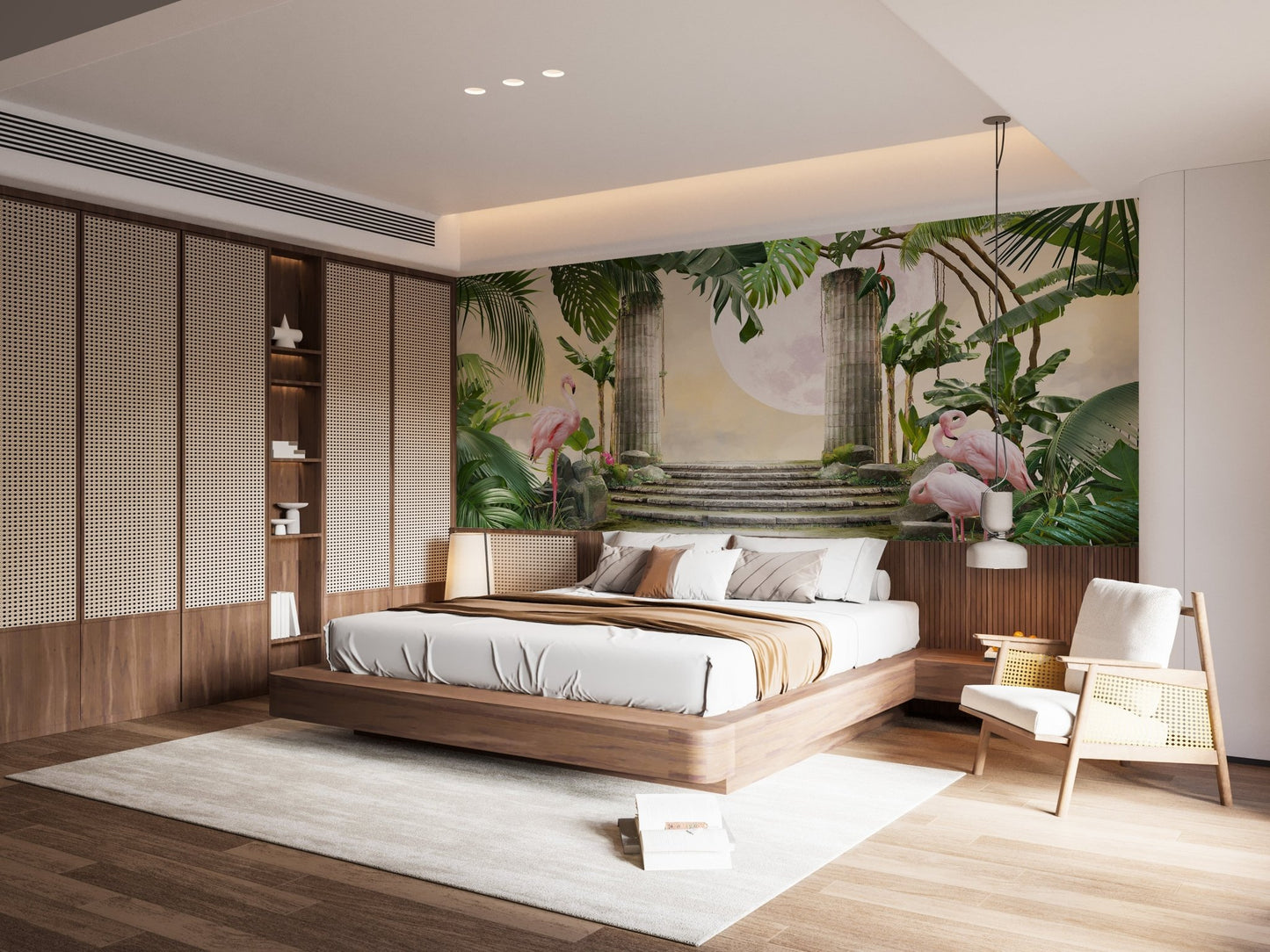 Detailed palm and flamingo wall mural in a small contemporary bedroom setting.