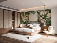 Detailed palm and flamingo wall mural in a small contemporary bedroom setting.