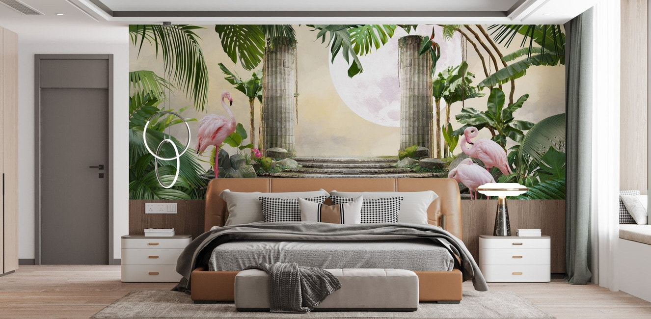 Lunar paradise wallpaper behind a wooden bed frame in a contemporary bedroom.