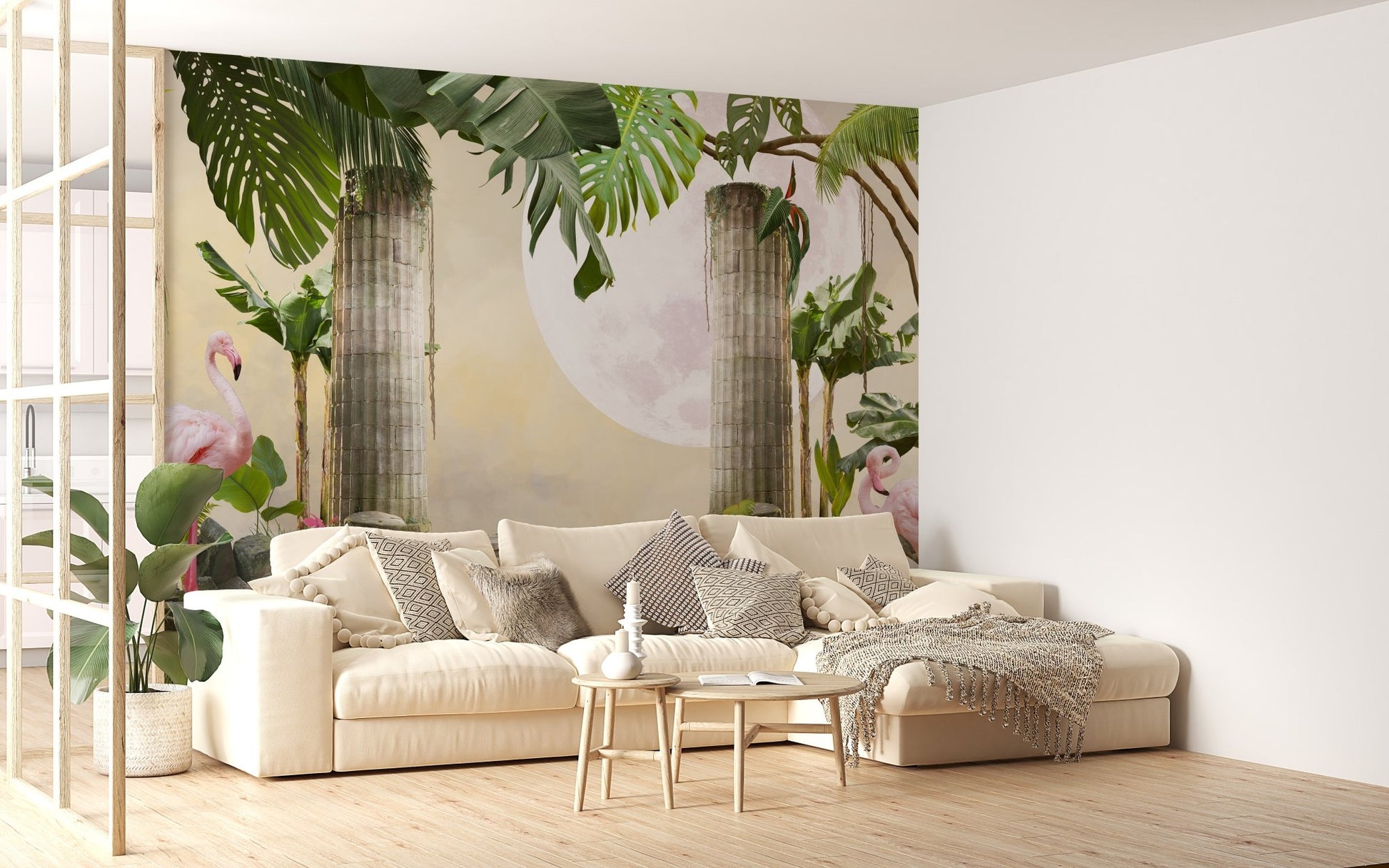 Artistic tropical lunar landscape wallpaper mural for a feature wall in a sunlit modern home.