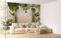 Artistic tropical lunar landscape wallpaper mural for a feature wall in a sunlit modern home.