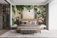 Pink flamingo wall mural in a luxury bedroom featuring dark wood wardrobes.