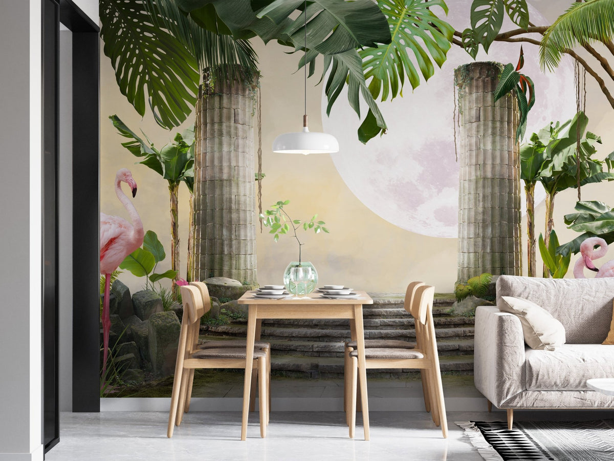 Ancient pillar and flamingo wallpaper mural in a minimalist dining area with wooden furniture.