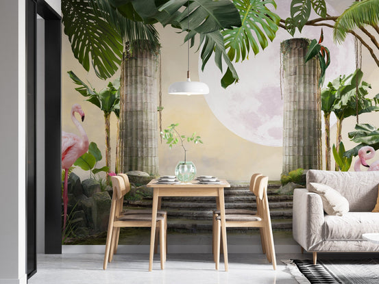 Ancient pillar and flamingo wallpaper mural in a minimalist dining area with wooden furniture.