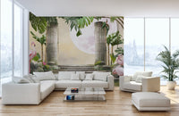 Nature inspired wall mural in a spacious open plan living area with white seating.