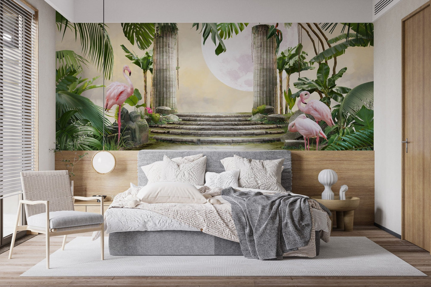 Dreamy tropical paradise landscape wall mural in a sleek bedroom with neutral bedding.