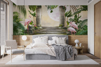 Dreamy tropical paradise landscape wall mural in a sleek bedroom with neutral bedding.