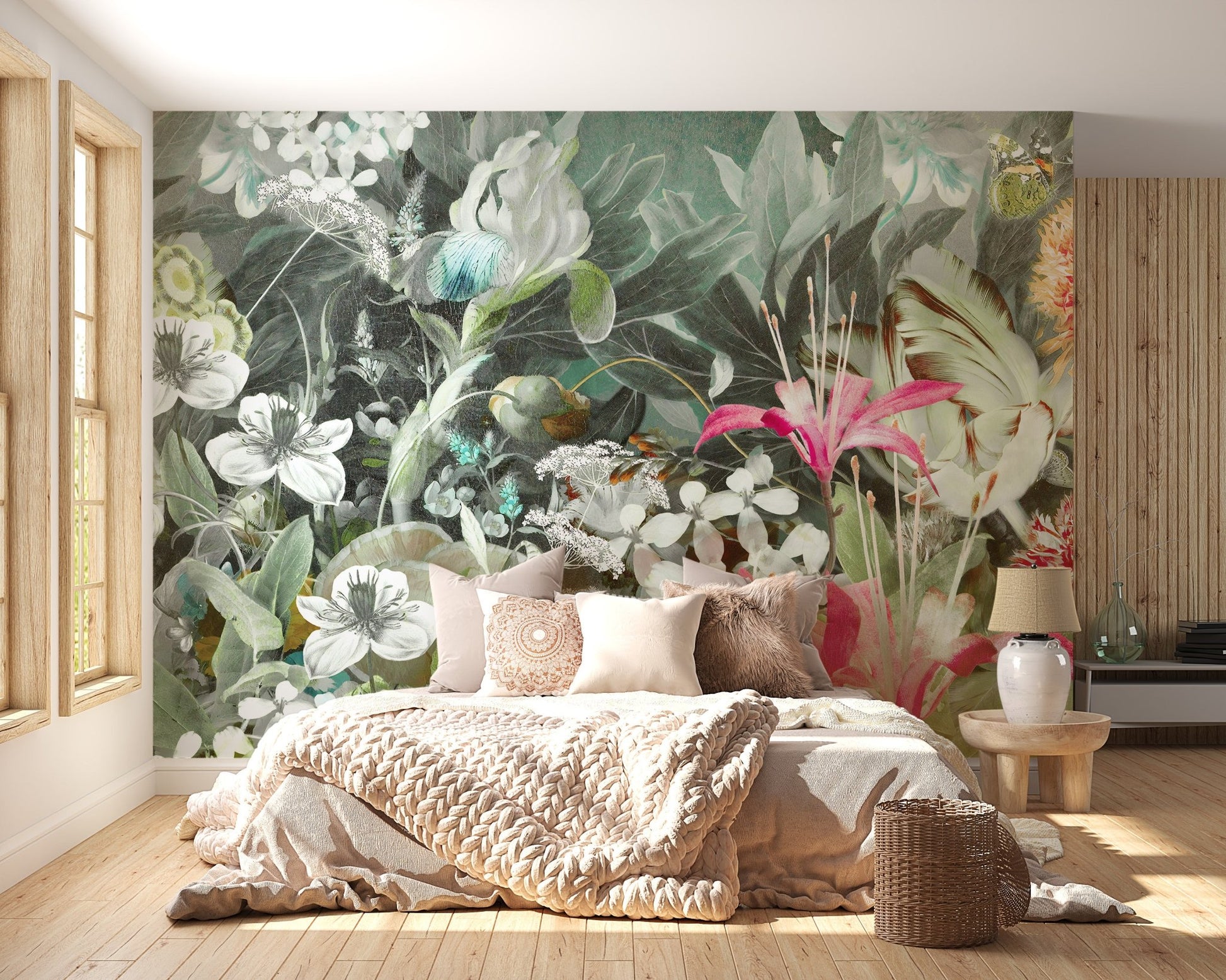 Light wood bedroom furniture paired with pastel floral wall mural.