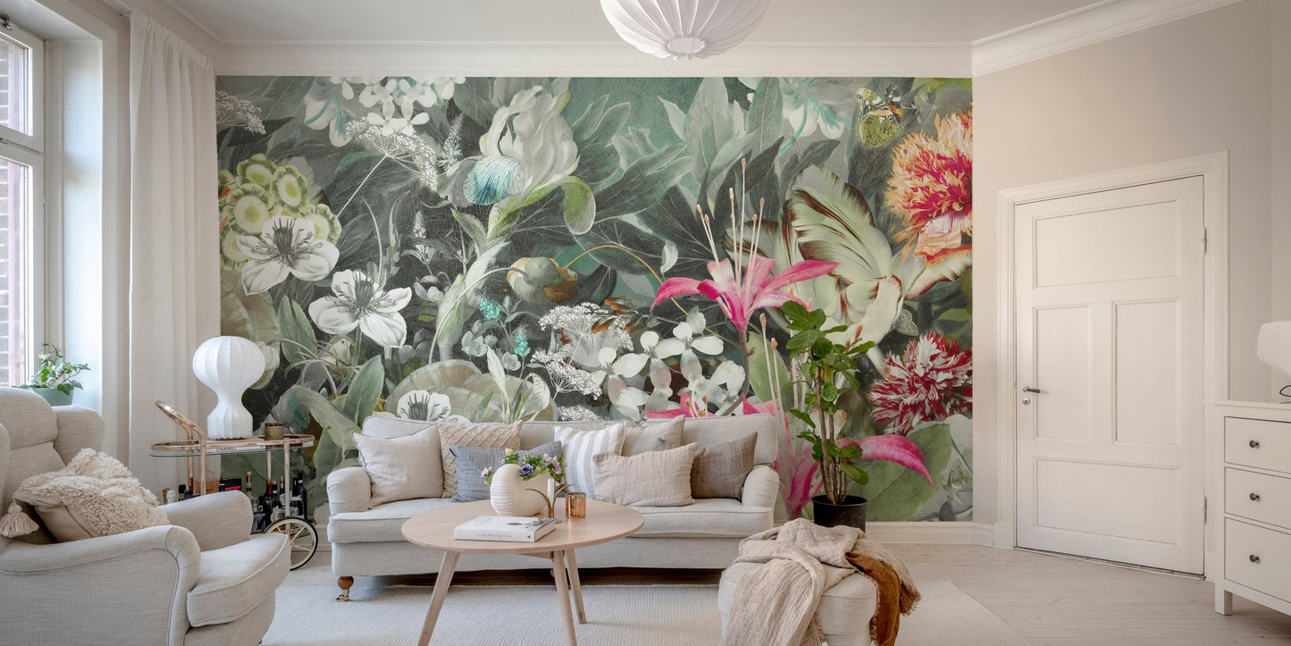 Neutral tone living room featuring floral wall mural with pink flowers and green leaves.