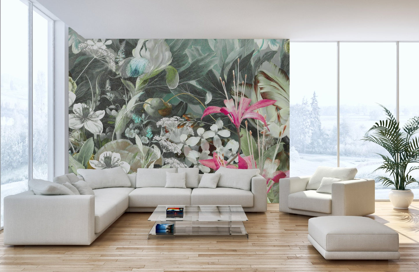 White sectional sofa in living room with Lush Floral Oasis Wall Mural.
