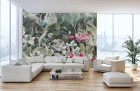 White sectional sofa in living room with Lush Floral Oasis Wall Mural.