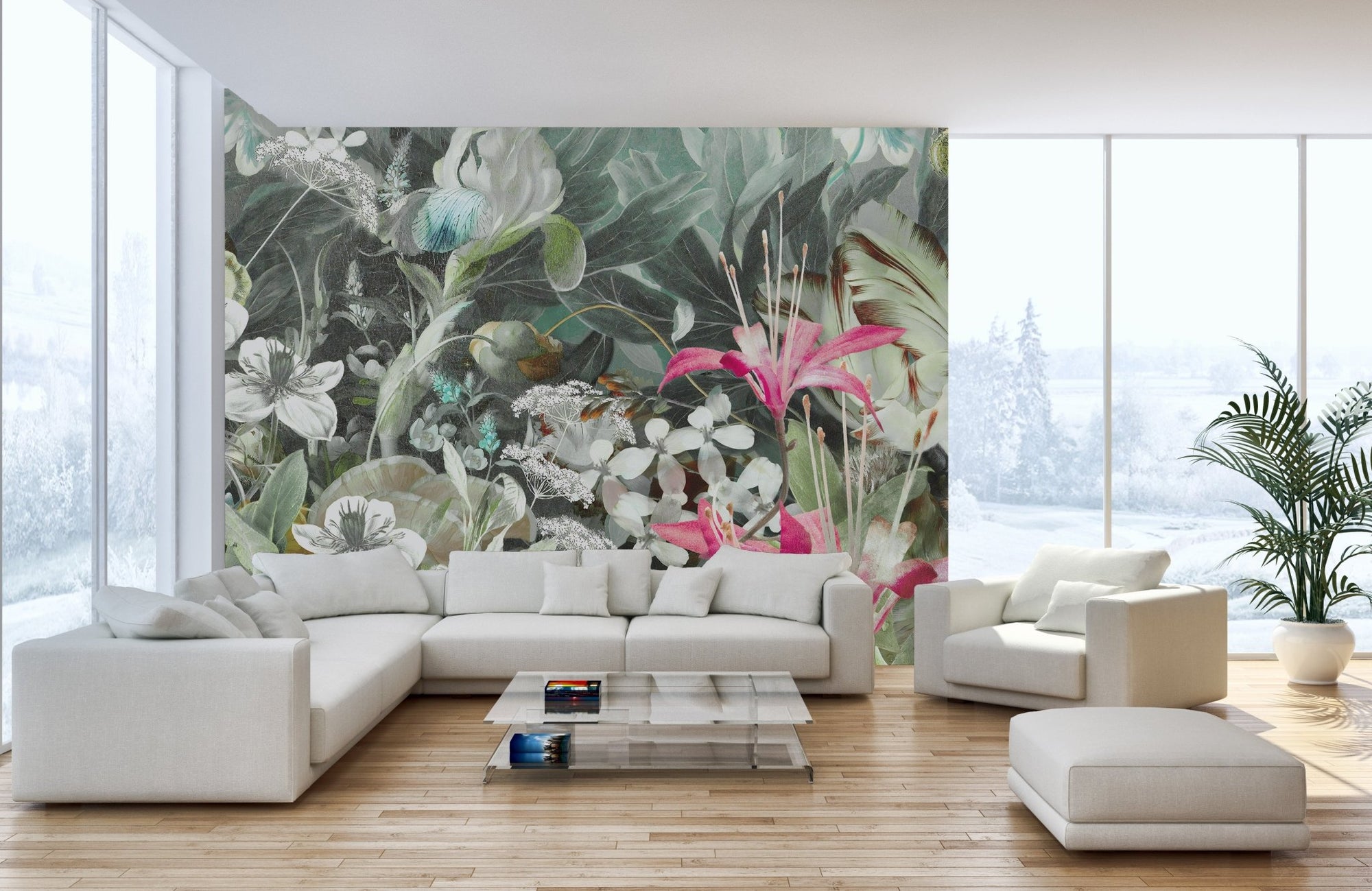 White sectional sofa in living room with Lush Floral Oasis Wall Mural.