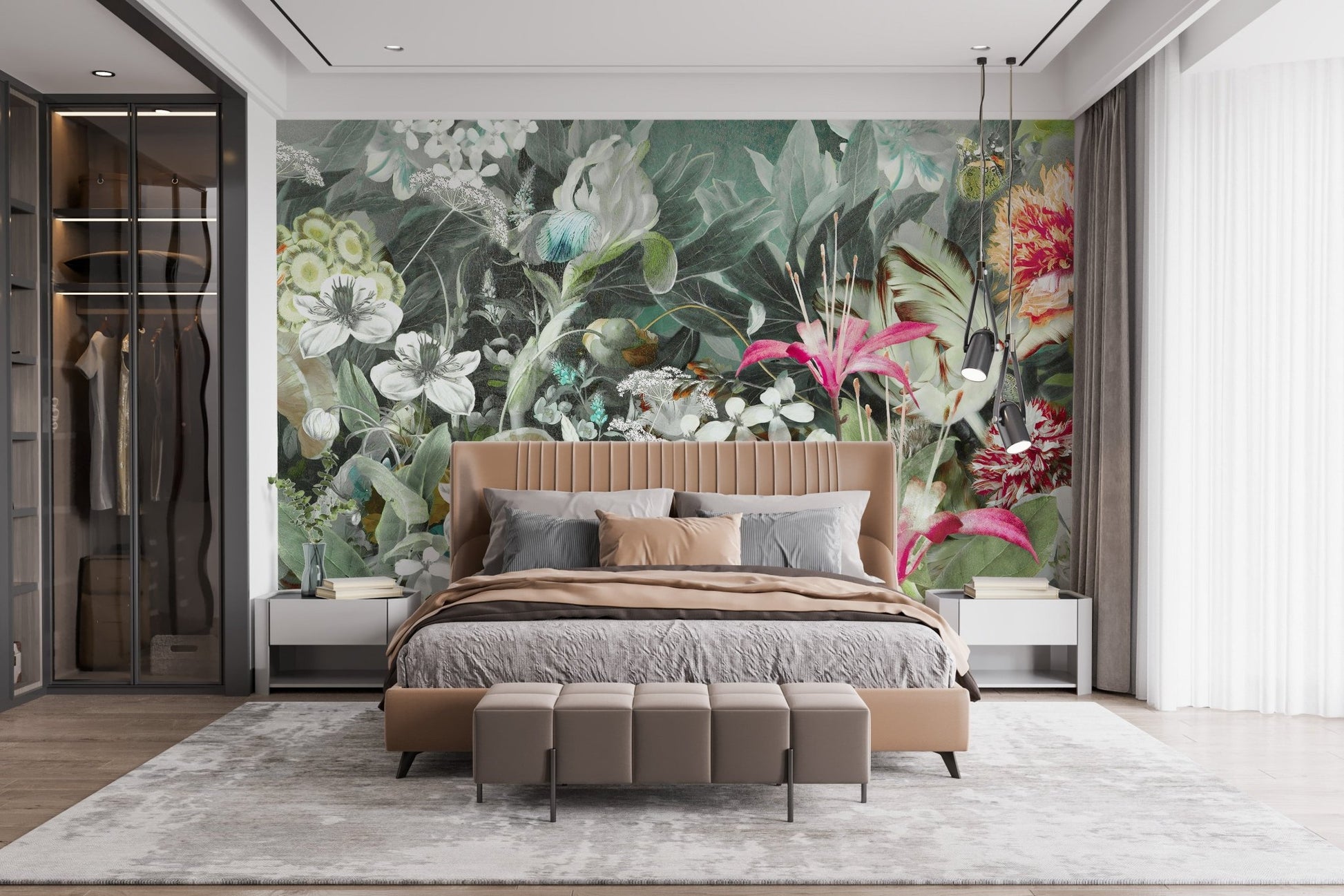 Master bedroom with brown leather bed and green oasis wall mural.