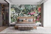 Master bedroom with brown leather bed and green oasis wall mural.