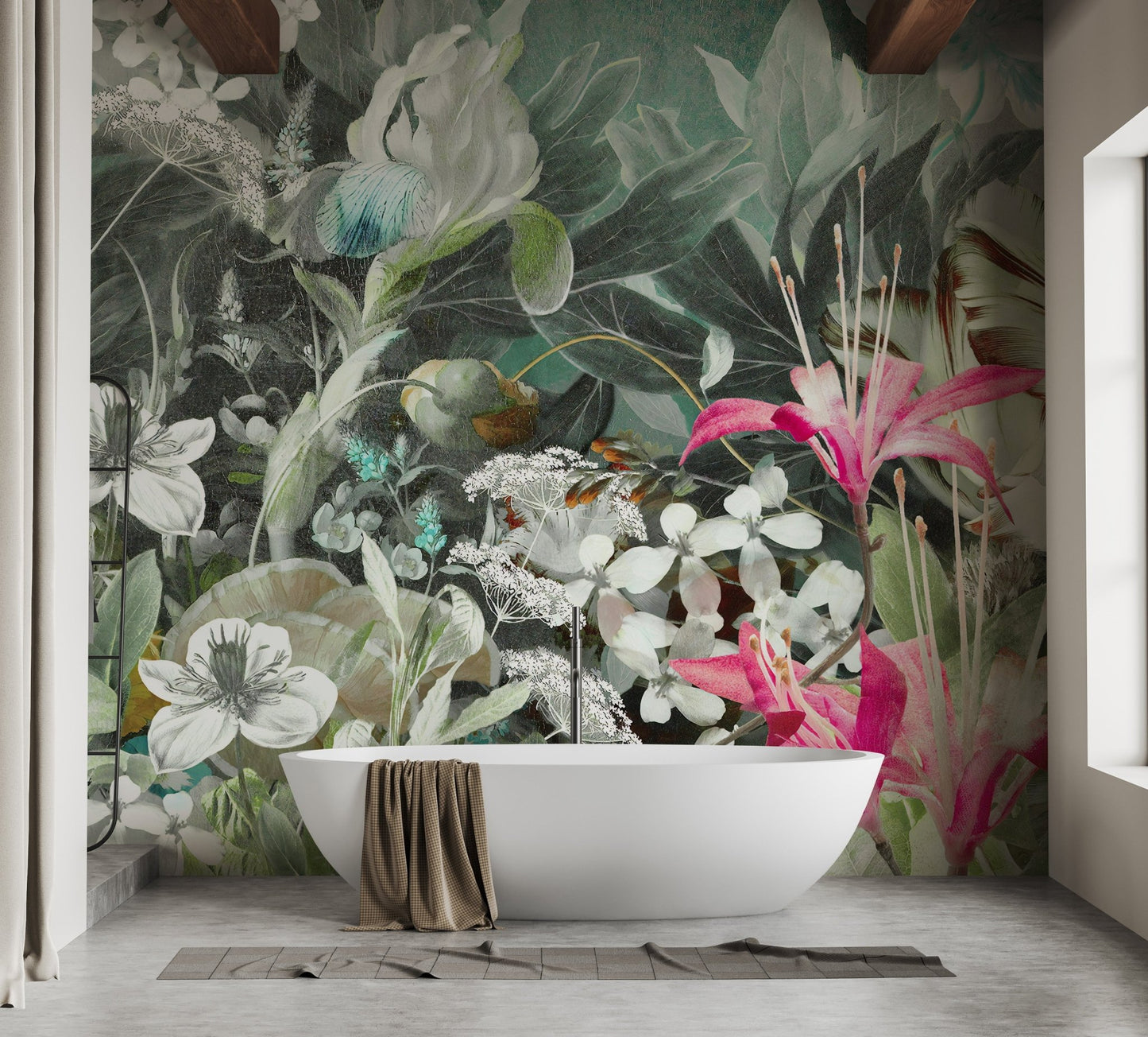Modern bathroom with white bathtub and waterproof floral wall mural.