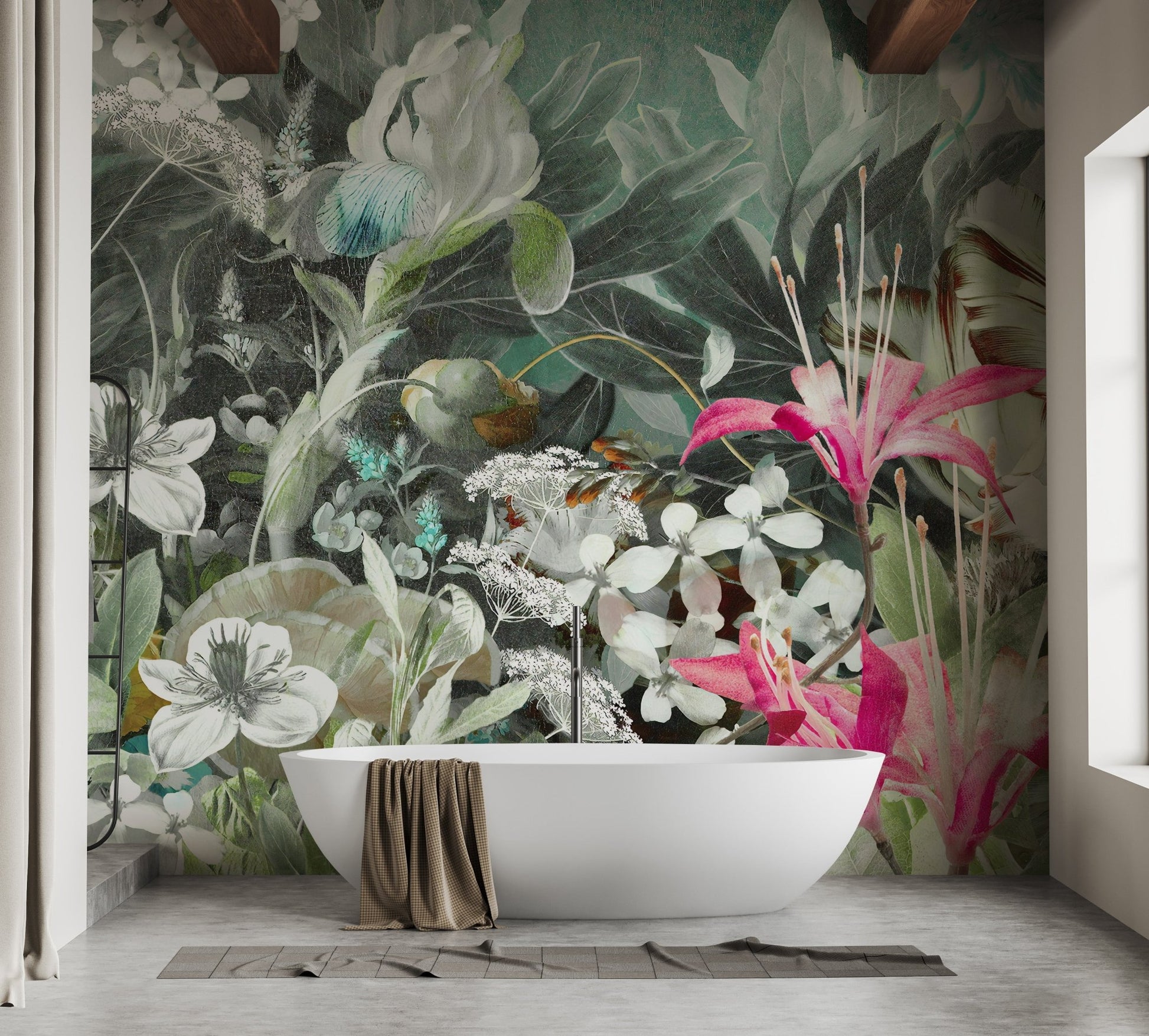 Modern bathroom with white bathtub and waterproof floral wall mural.