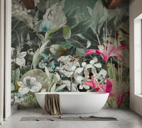 Modern bathroom with white bathtub and waterproof floral wall mural.