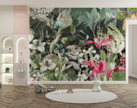 Kids play area with white circular rug and green floral wall mural.