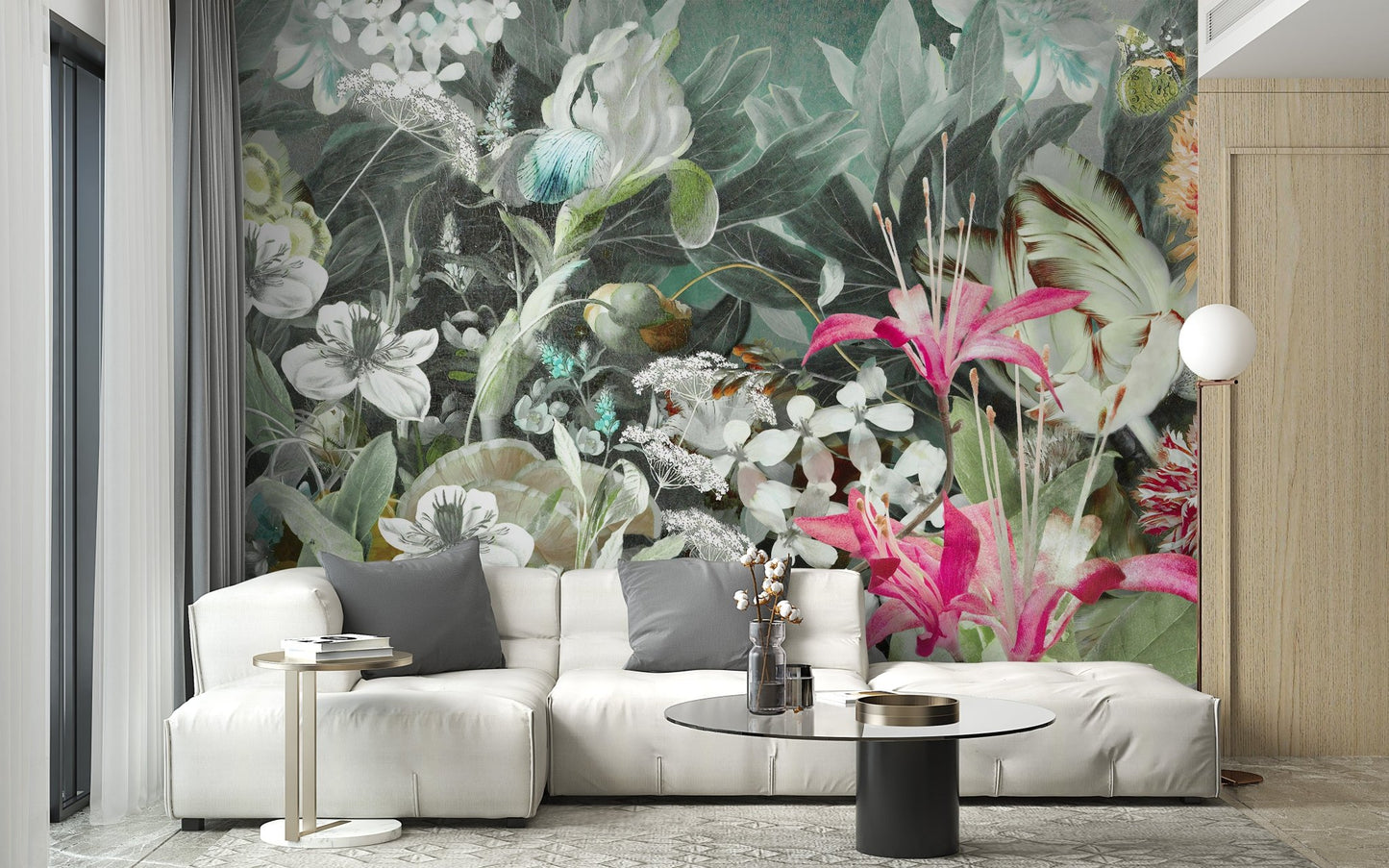 Minimalist white couch near window with Lush Floral Oasis Wall Mural.