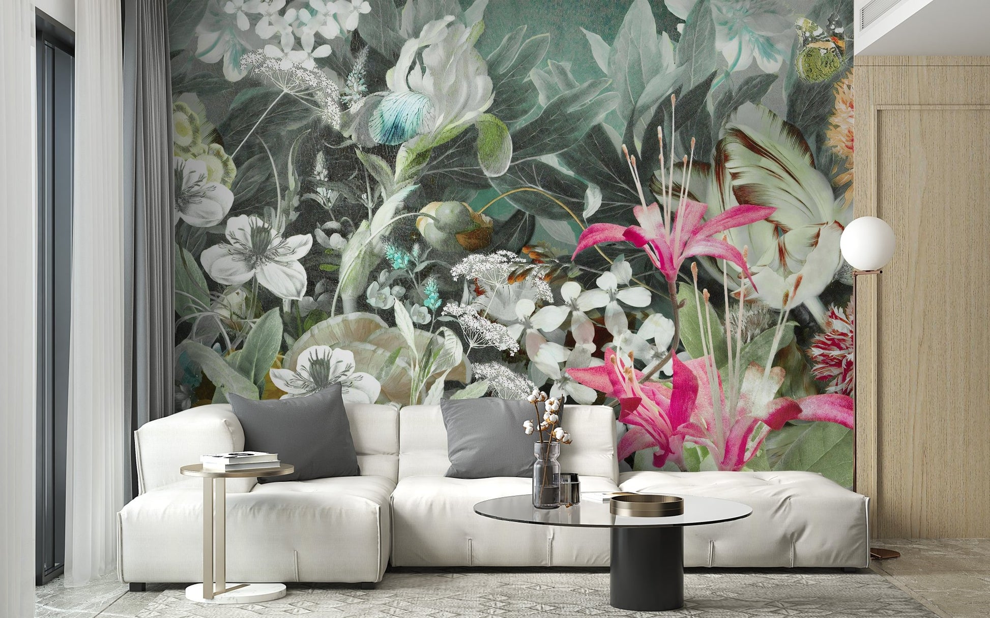 Minimalist white couch near window with Lush Floral Oasis Wall Mural.