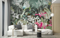 Minimalist white couch near window with Lush Floral Oasis Wall Mural.