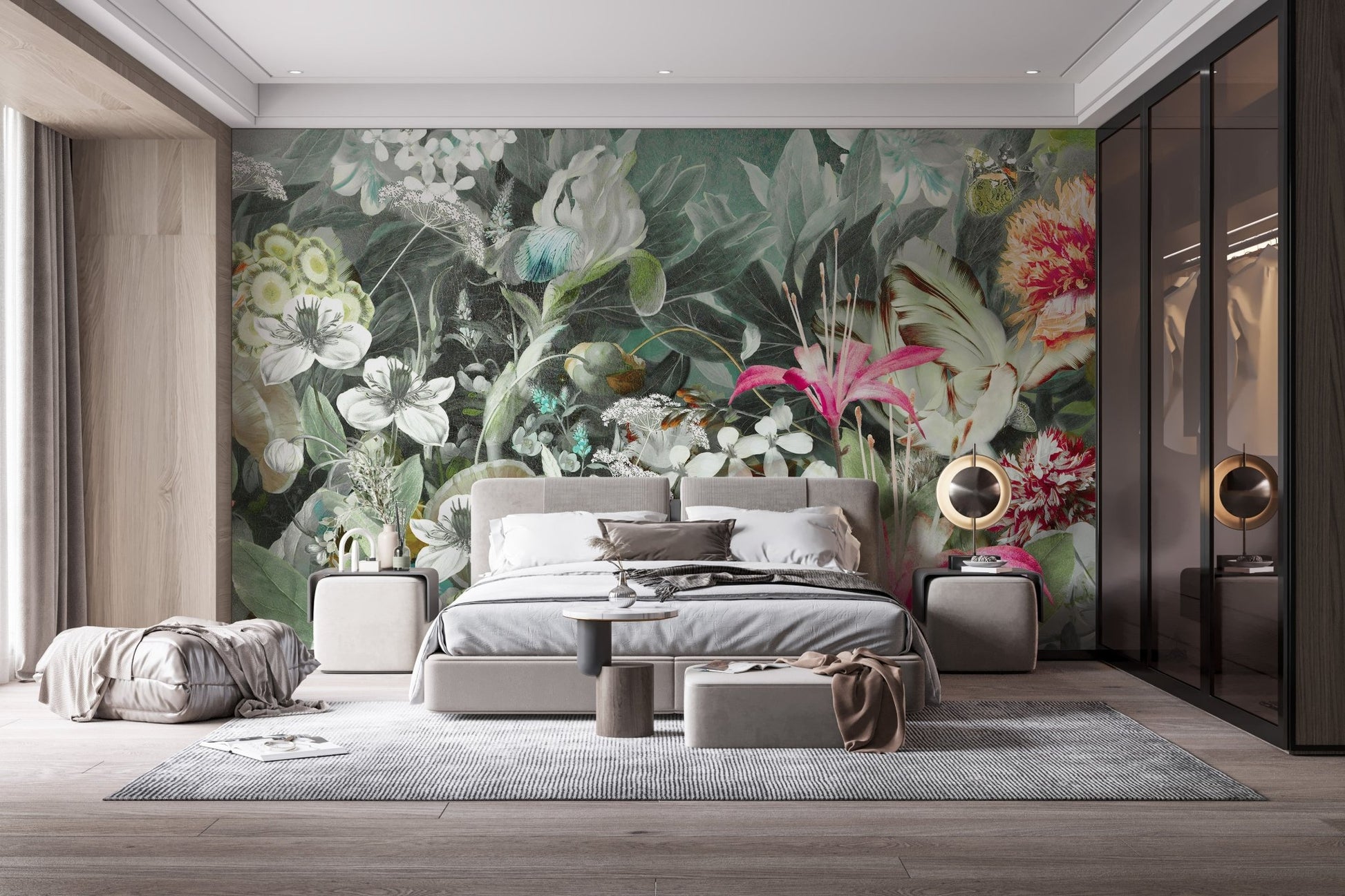 Bedroom featuring grey bedding and dark botanical floral wall mural.