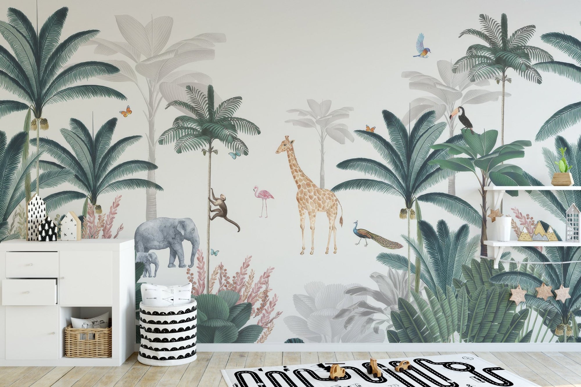 Neutral background with jungle plants wallpaper mural.