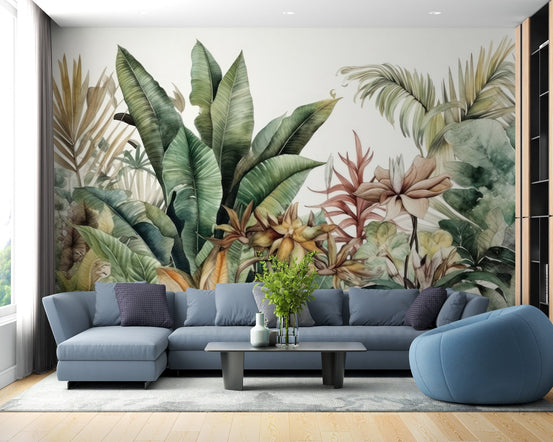Green tropical wall mural with neutral background design.