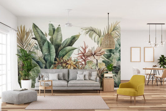 Botanical wallpaper mural featuring layered palm and banana leaves.