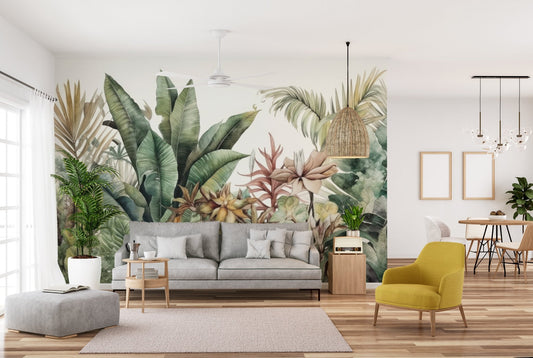 Botanical wallpaper mural featuring layered palm and banana leaves.