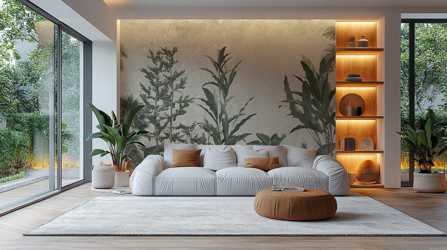 Decorative green plant wall mural with muted background color.