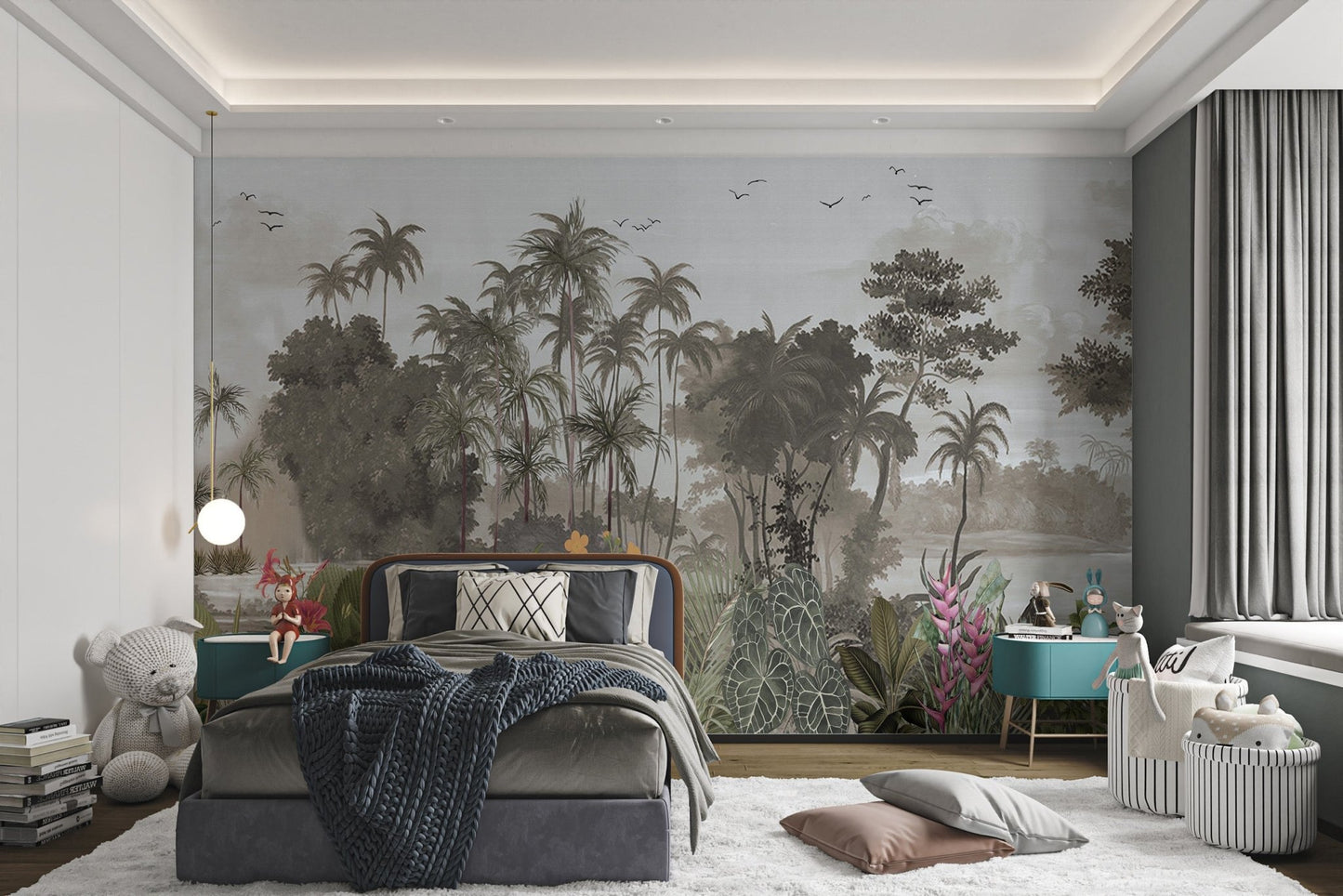Tropical forest wall mural with birds for a children's bedroom.