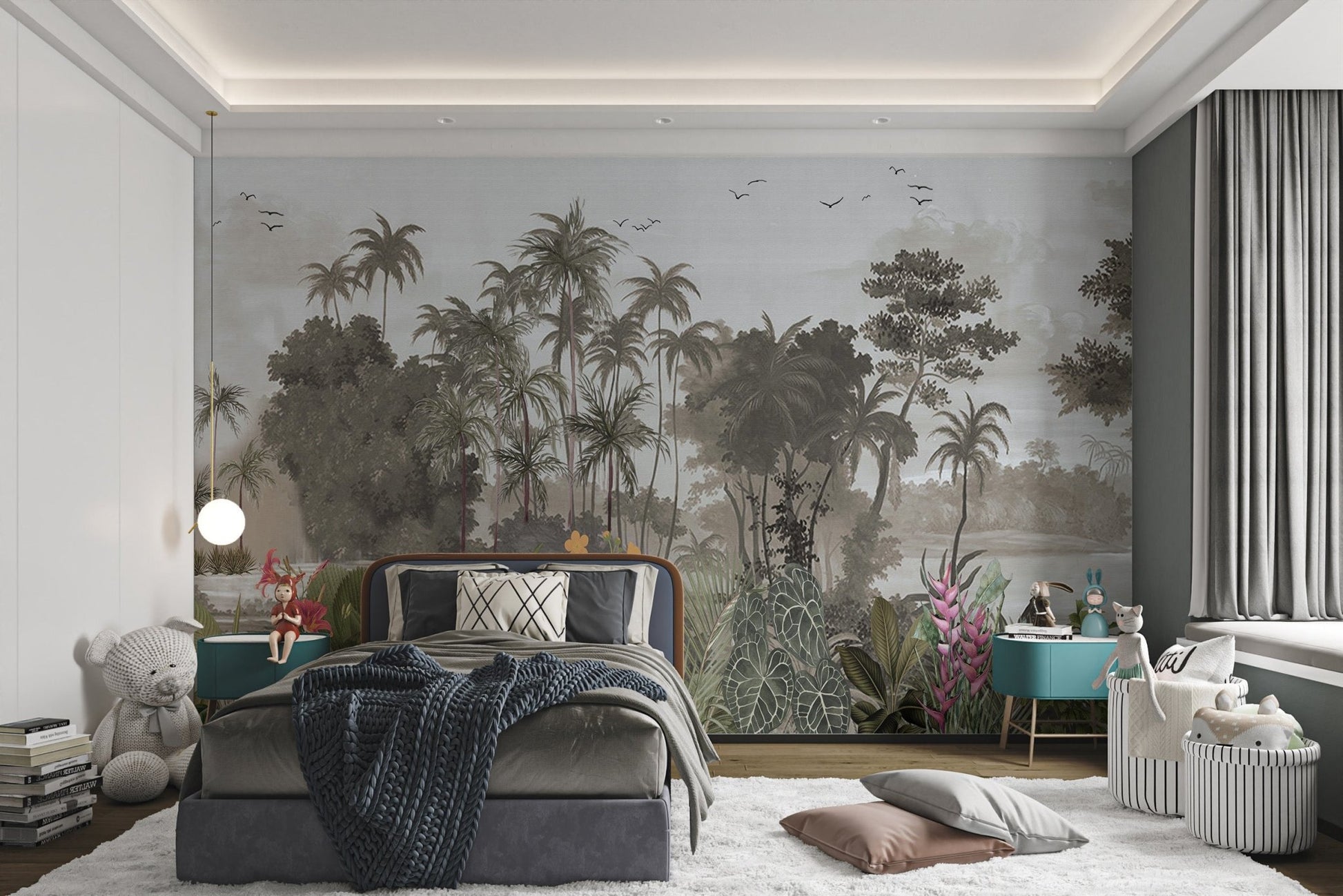 Tropical forest wall mural with birds for a children's bedroom.