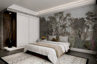 Vintage style jungle wall mural with orange flowers for master bedroom.