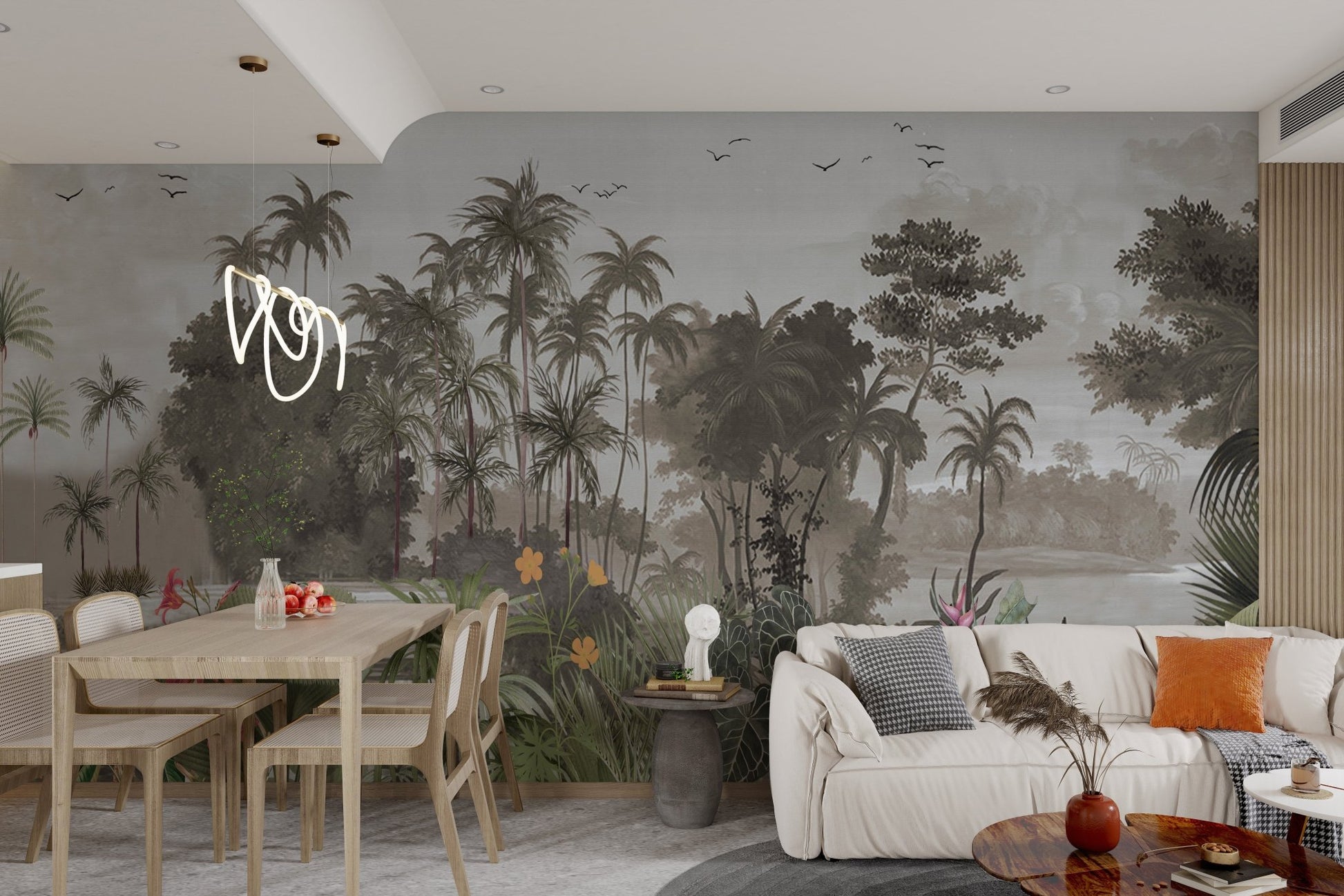 Hallway landscape wall mural with dense plants and sky.