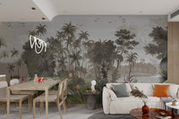 Hallway landscape wall mural with dense plants and sky.