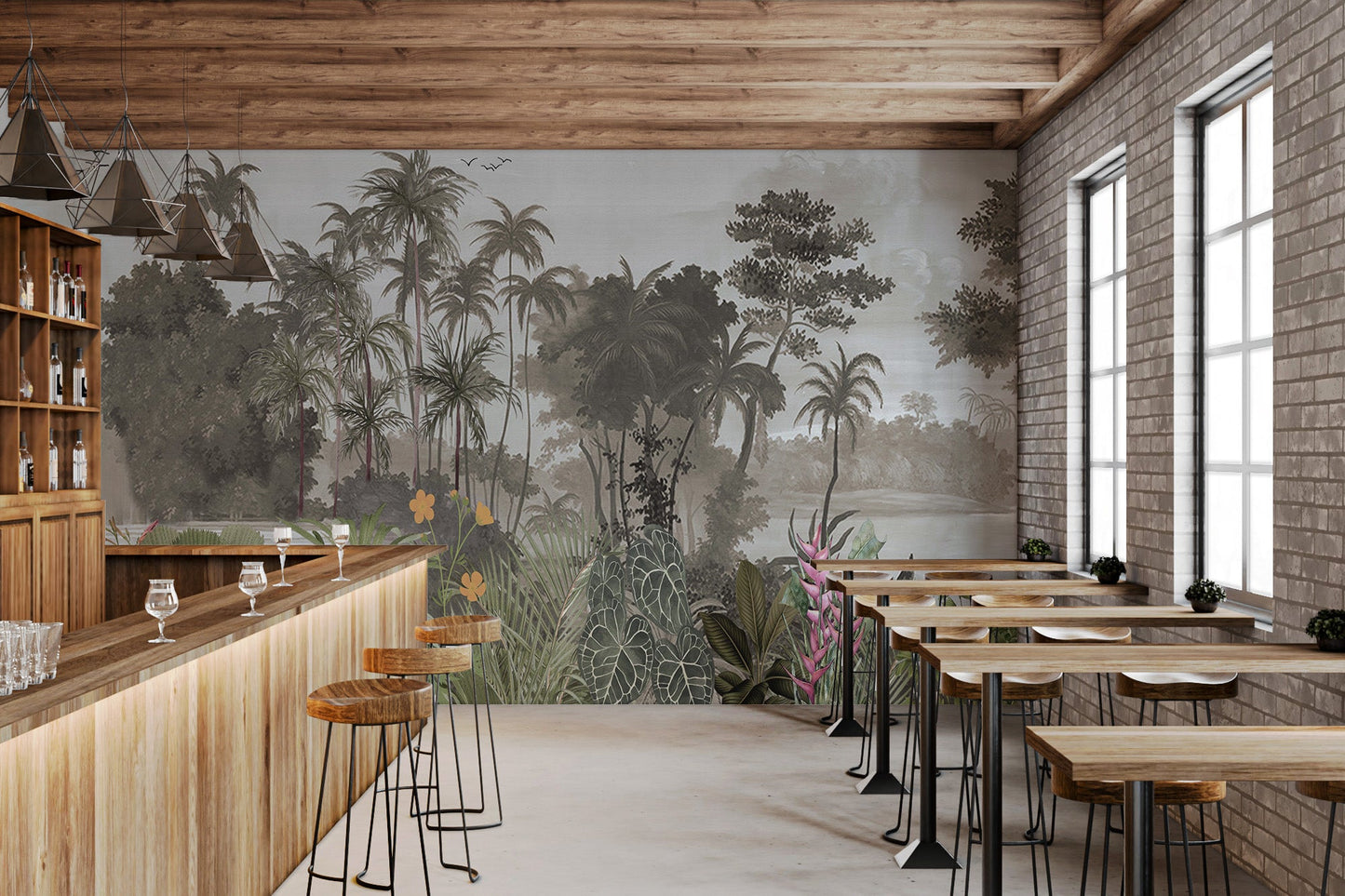 Lush Tropical Jungle Landscape Wall mural for bar dining areas.
