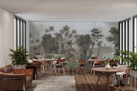 Dining room green palm tree and grey jungle wall mural.