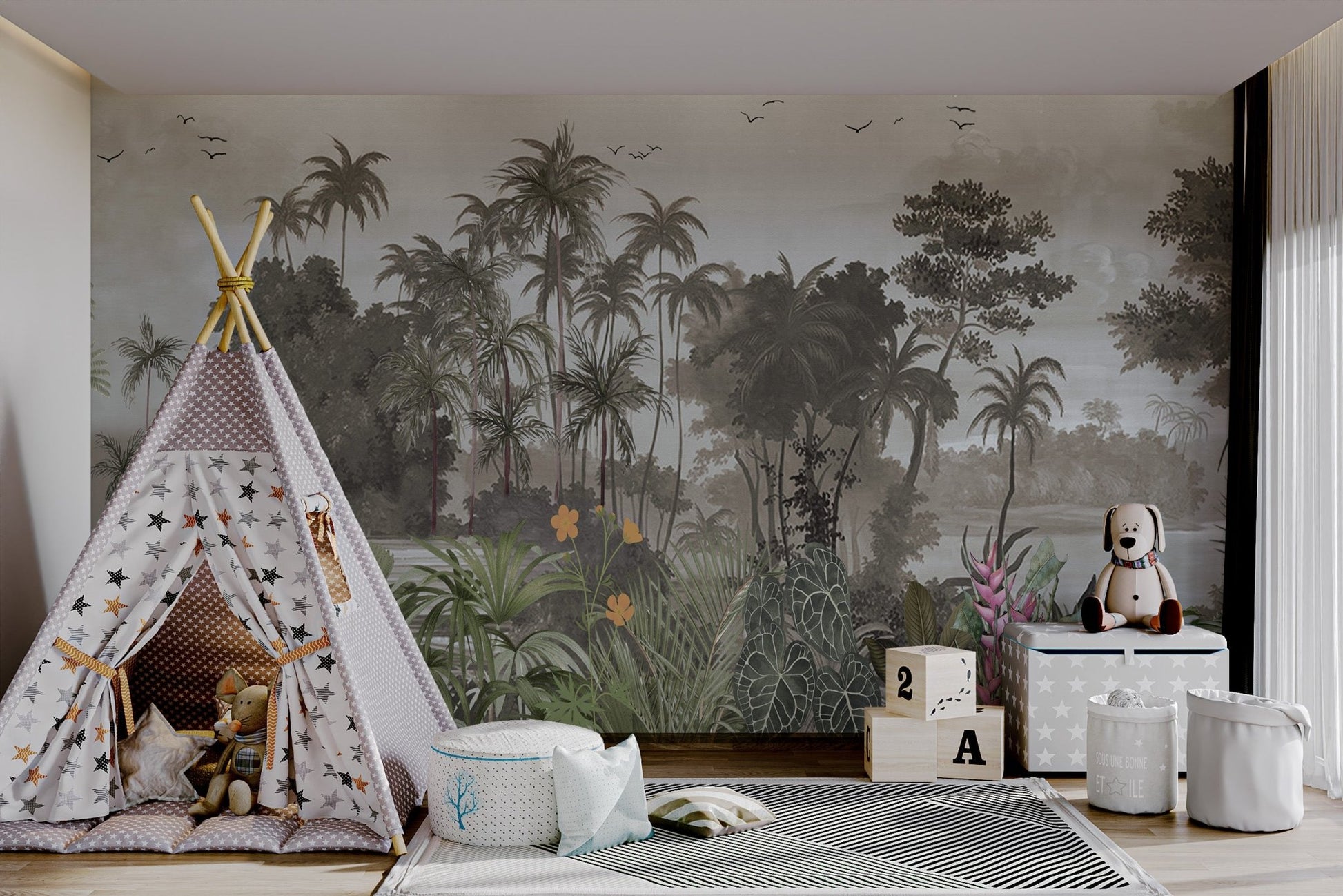 Kids room wall mural with pink lilies and tropical foliage.