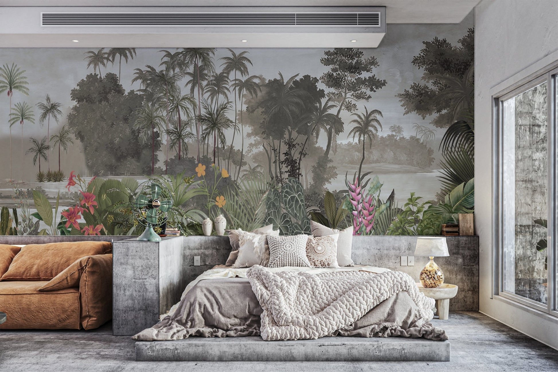 Grey background jungle wall mural for a lounge feature wall.