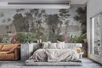 Grey background jungle wall mural for a lounge feature wall.