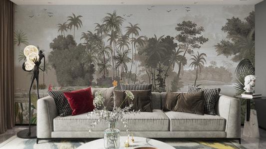Green and grey botanical wall mural for a sunlit living room.