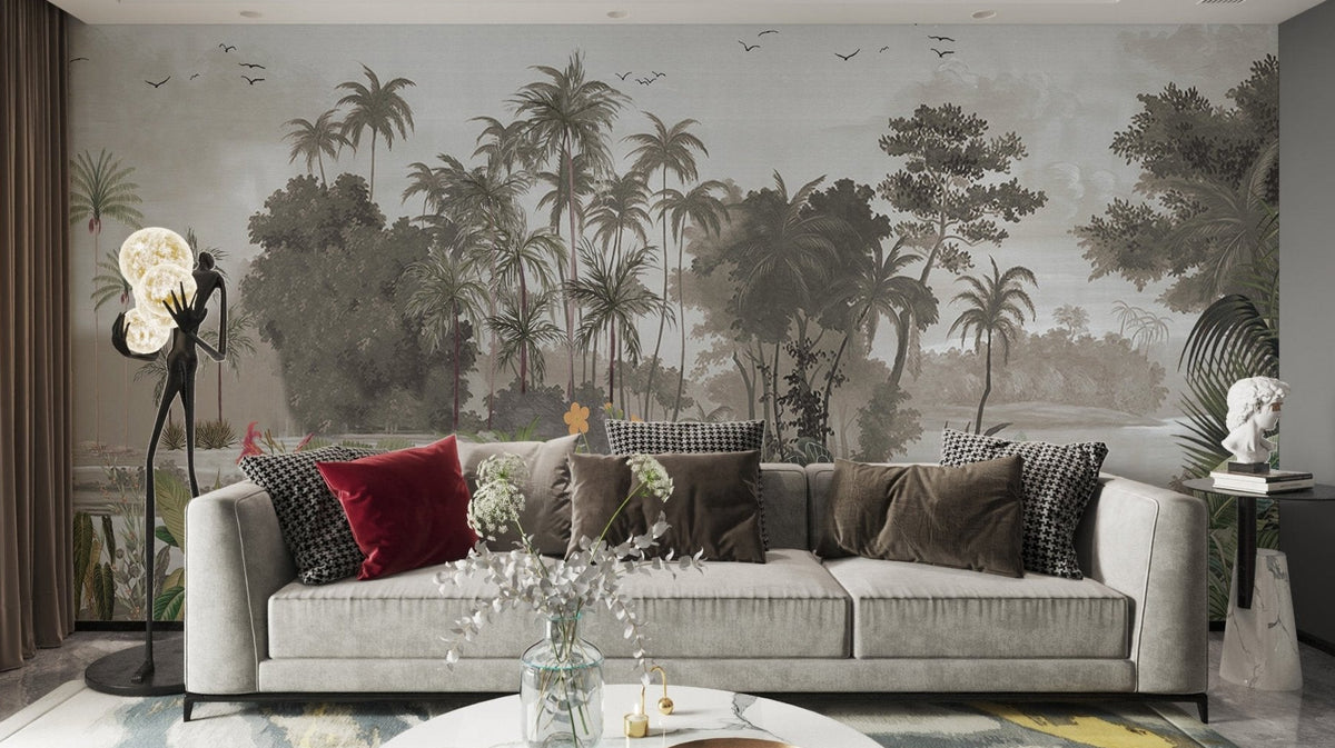 Green and grey botanical wall mural for a sunlit living room.
