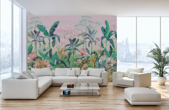 Pastel jungle wall mural wallpaper with hand-painted botanical textures.