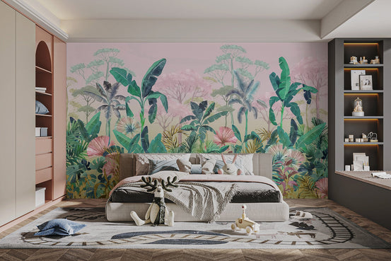 Watercolor tropical foliage wallpaper with layered green leaves wall mural design.