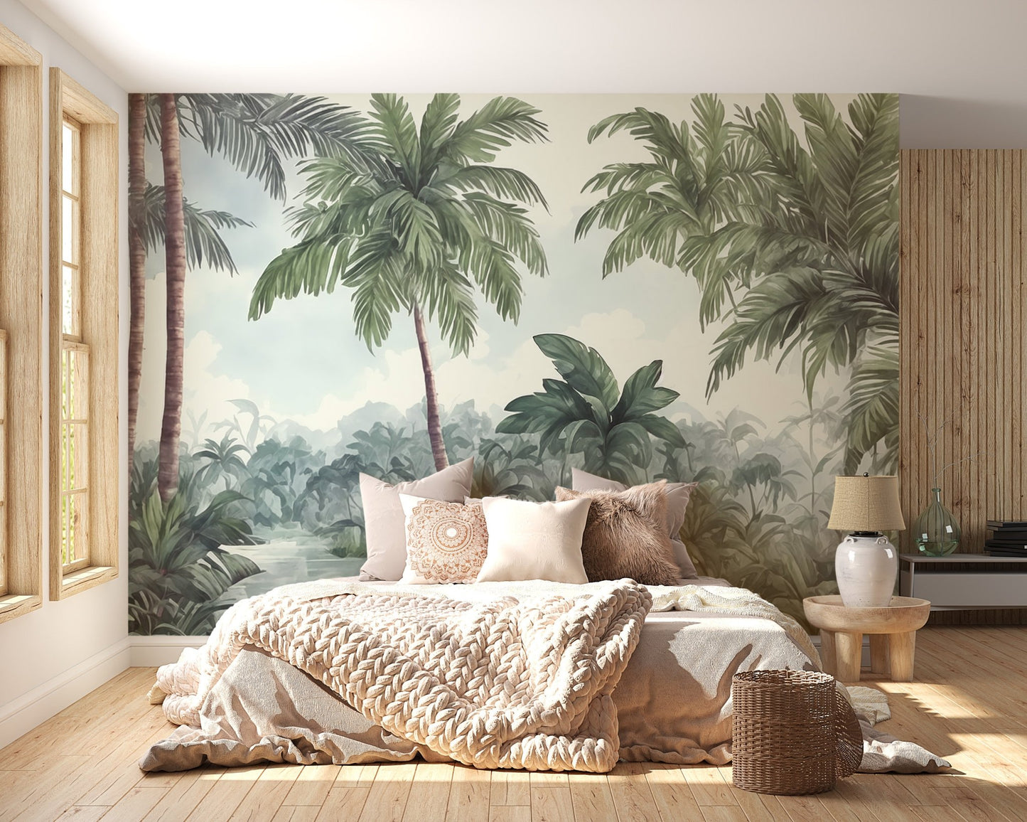 Lush Watercolor Woodlands Wall Murals in bedroom with beige bedding and wood floor.